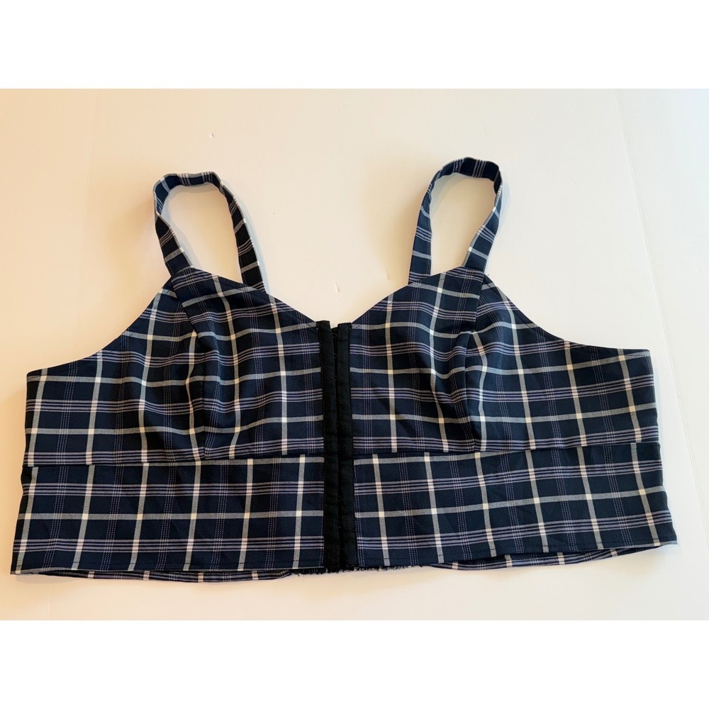 BP Nordstrom Plaid Crop Top Navy Blue White Smocked Back Hook Eye Front‎ 4X